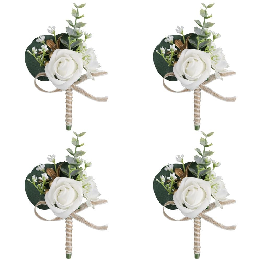 4 PCS Artificial Mens Rose Boutonniere Bridal White Corsage Wedding Prom 8x14cm