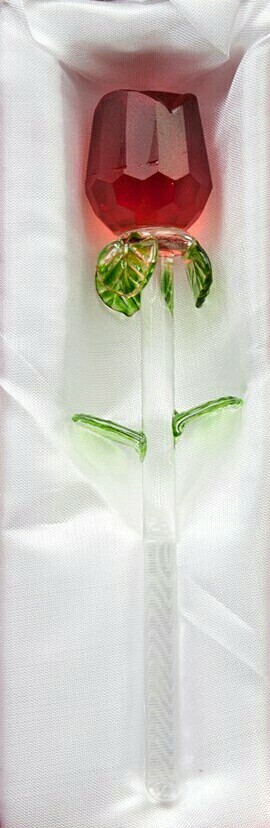 Long Stem Red Rose Eternity Glass Rose Flower With Green Leaves Collectible ⚘️