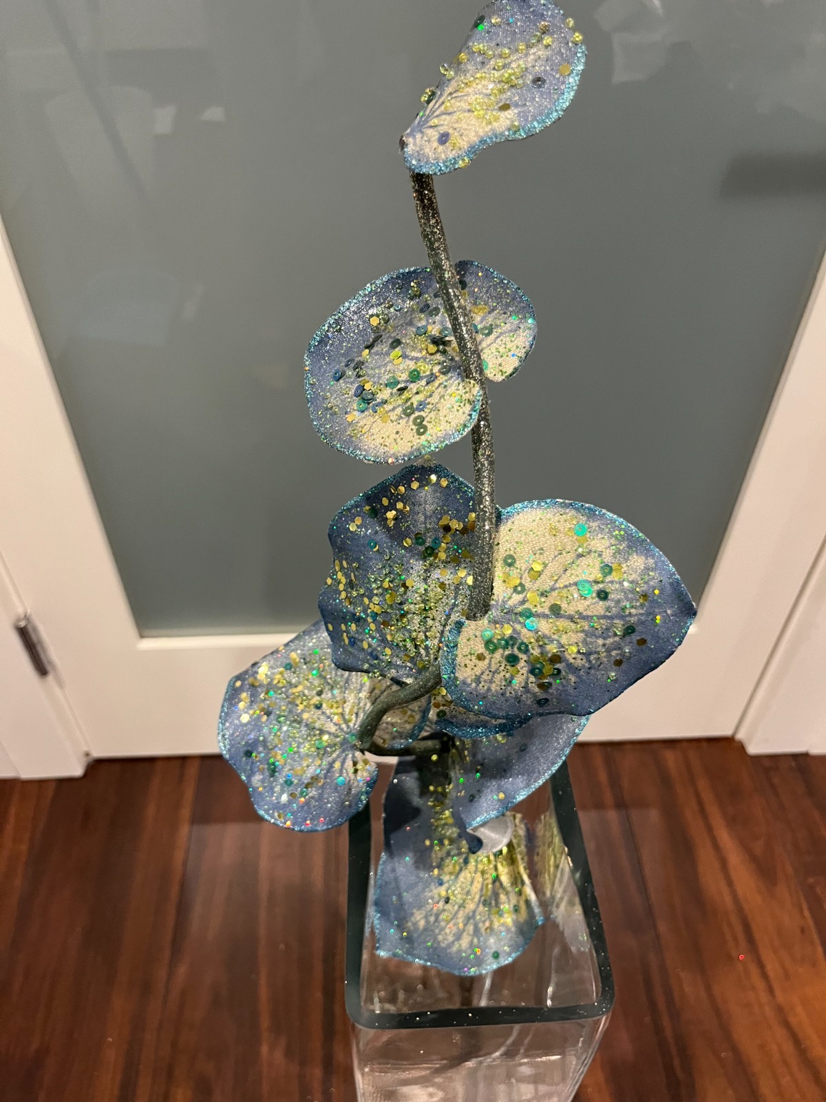 Blue-Green Sequin Leaf Spray Stem – Approximately 39” Glitter Faux Flower