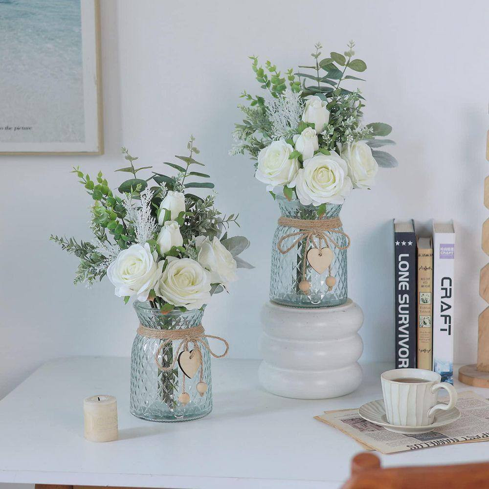 Faux Flowers with Vase 14.5 In. White Artificial Silk Roses Eucalyptus Flower Ar