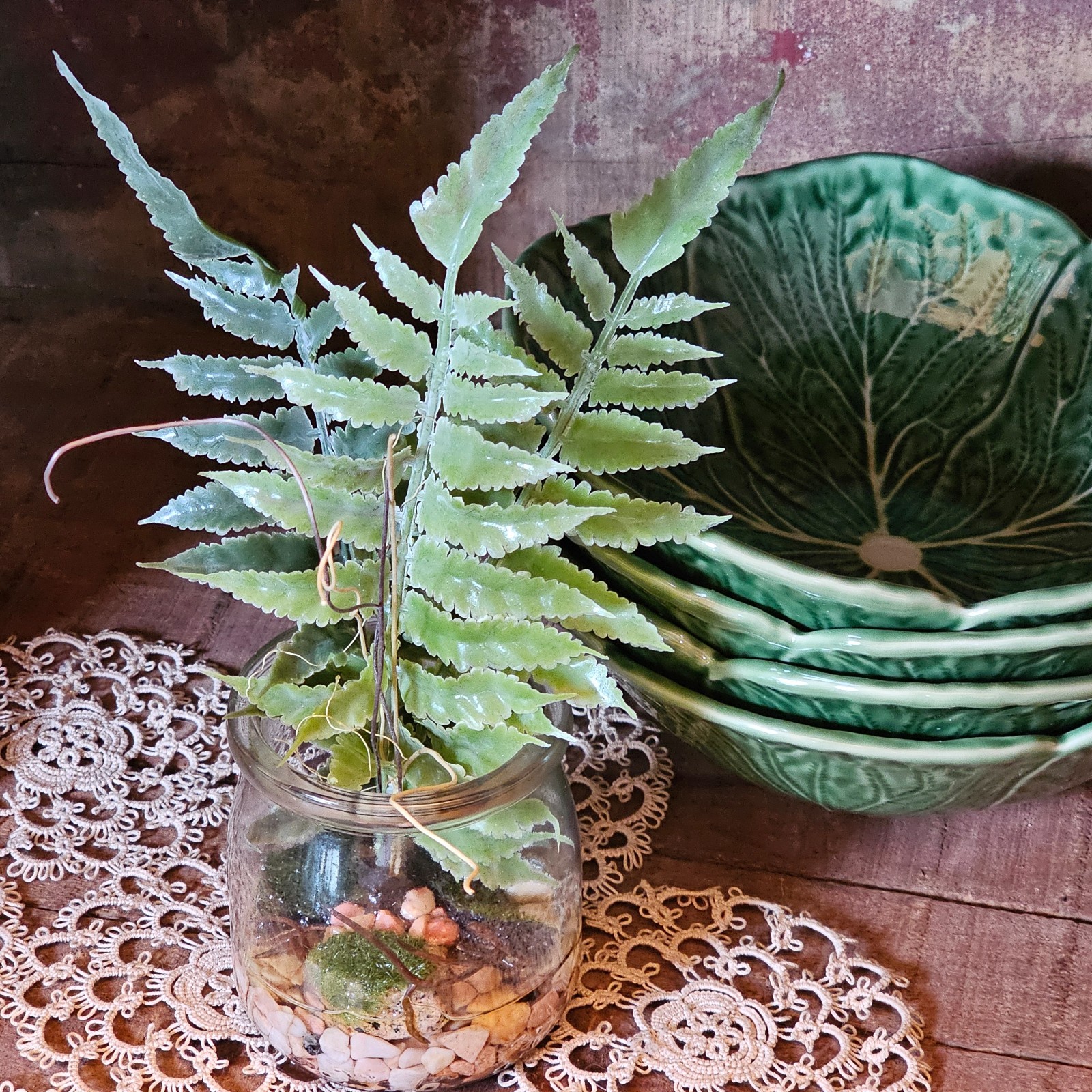 Boston Fern with Fake water Tiered Tray Artificial plants Primitives by Kathy