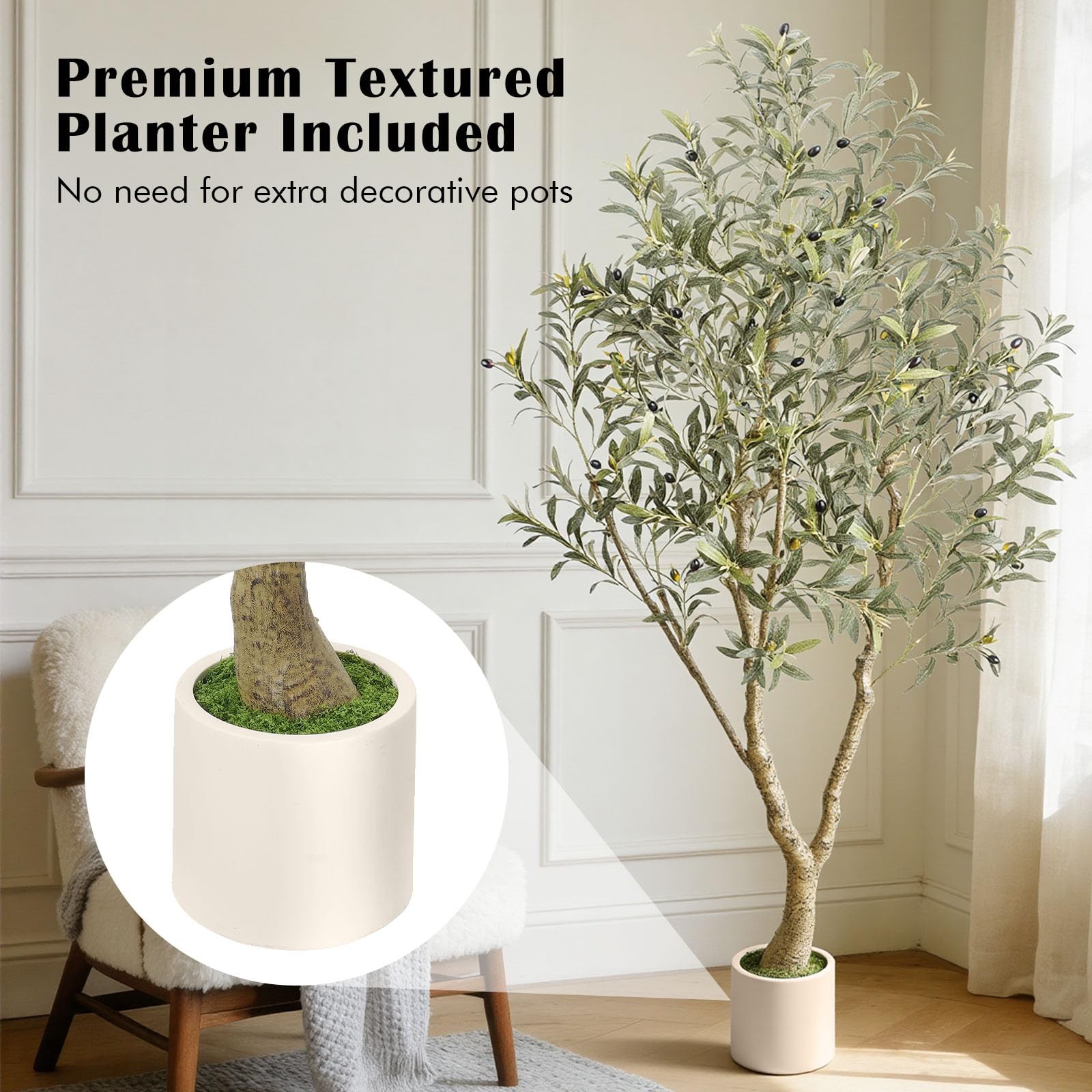 6FT Artificial Olive Tree with Elegant Planter & Moss, Faux Olive Tree Indoor…