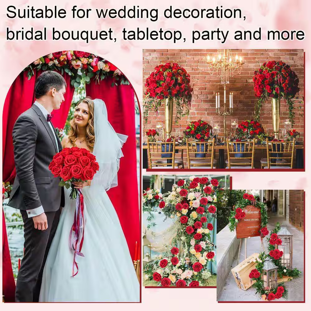 17.7 In. 50 Piece Red Indoor Artificial Roses Silk Flowers for Valentines Weddin