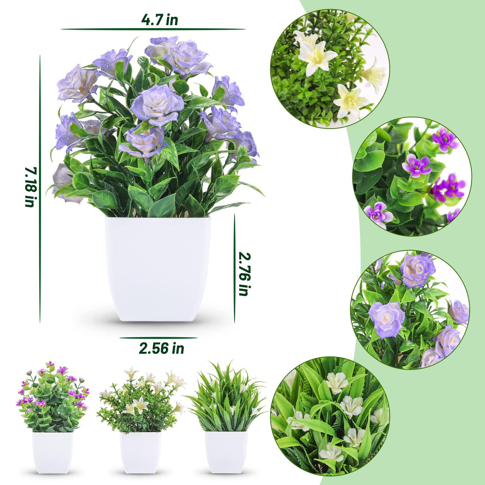 Der Rose 4 Packs Small Fake Plants Mini Artificial Faux Plants with Flowers