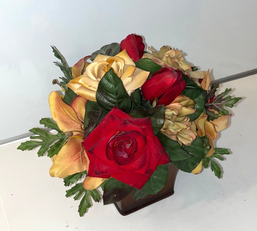 Red & Yellow Faux Flower Roses Centerpiece Beige Mahoga Brown Neutral Home Decor