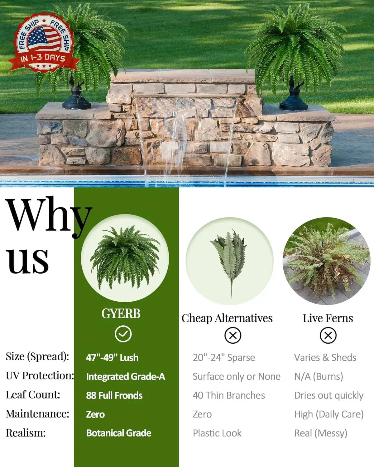 GYERB 48″ Large Artificial Boston Fern Plants for Outdoor Indoor, Fake Ferns for