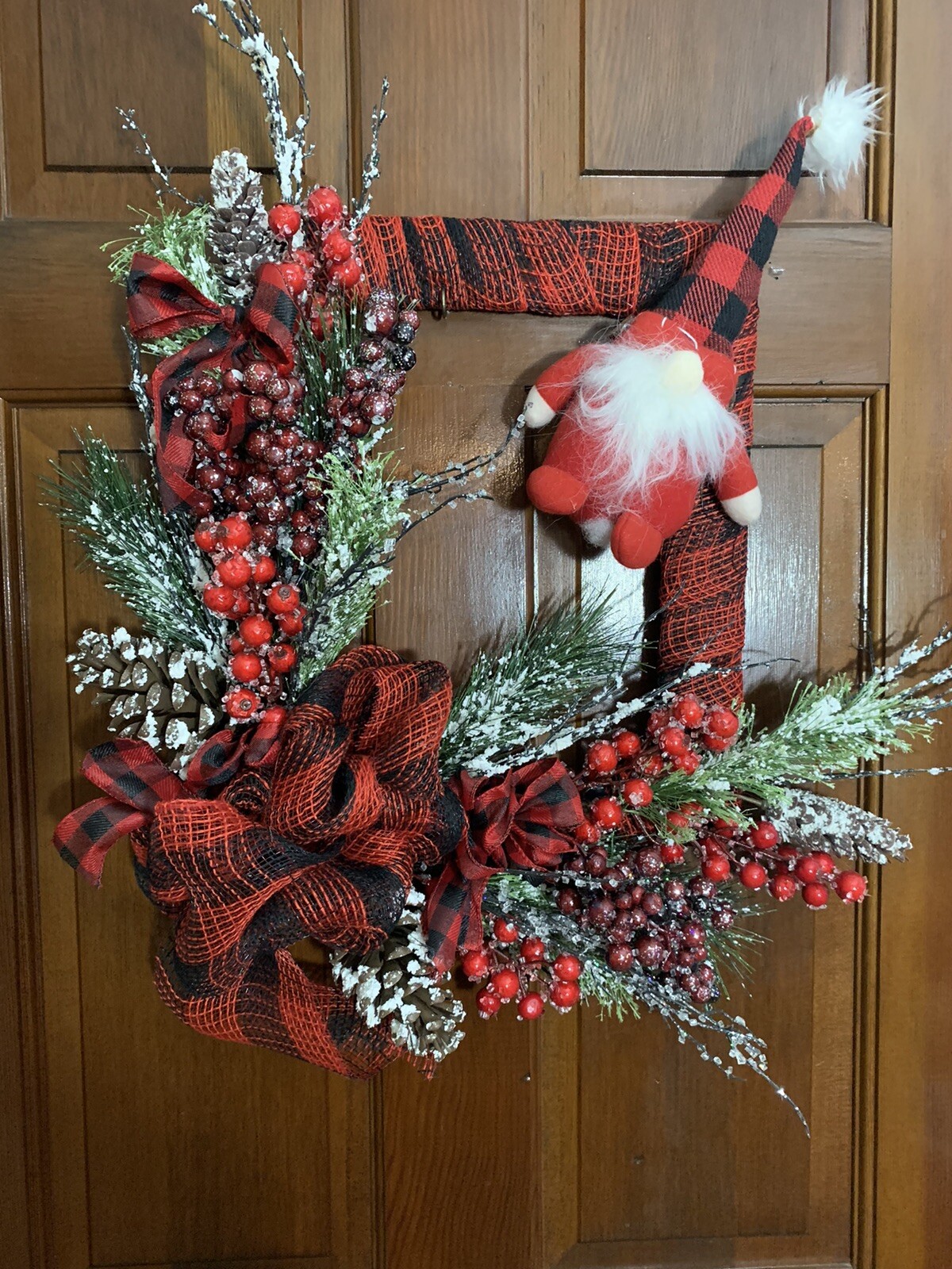 Gnome For The Holidays. Red & Black Mesh Wrapped Wreath, Frosted Pines, Berries