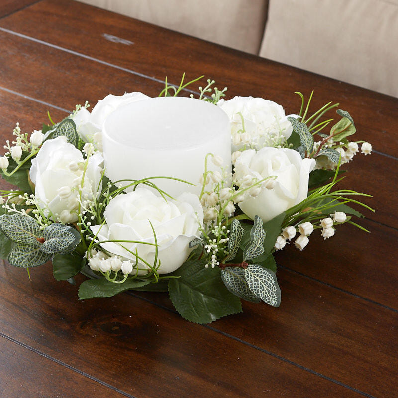 11″ Artificial Creamy White Rose Floral Candle Ring