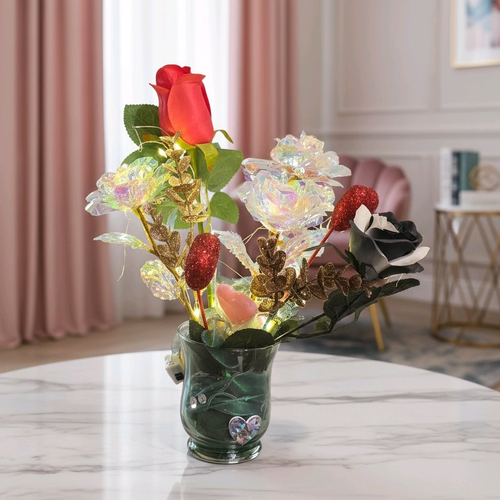 Floral Arrangement With Vase And Lights-New-Hand Crafted