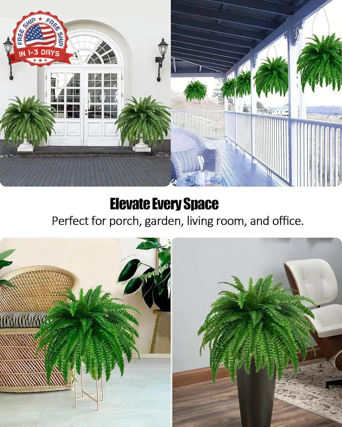GYERB 48″ Large Artificial Boston Fern Plants for Outdoor Indoor, Fake Ferns for