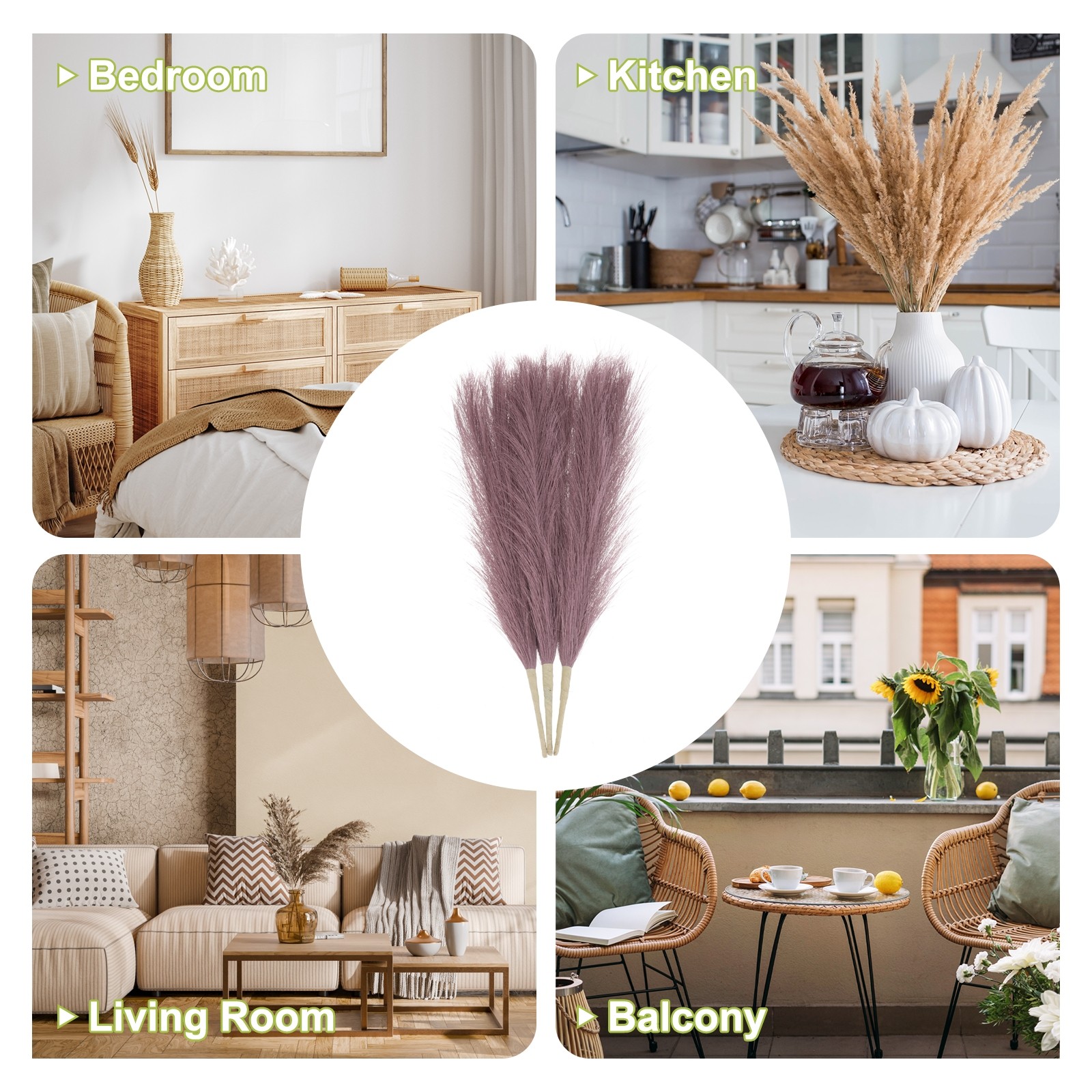 3pcs Dried Faux Pampas Grass 17″ Artificial Pampas Grass Decor Light Purple