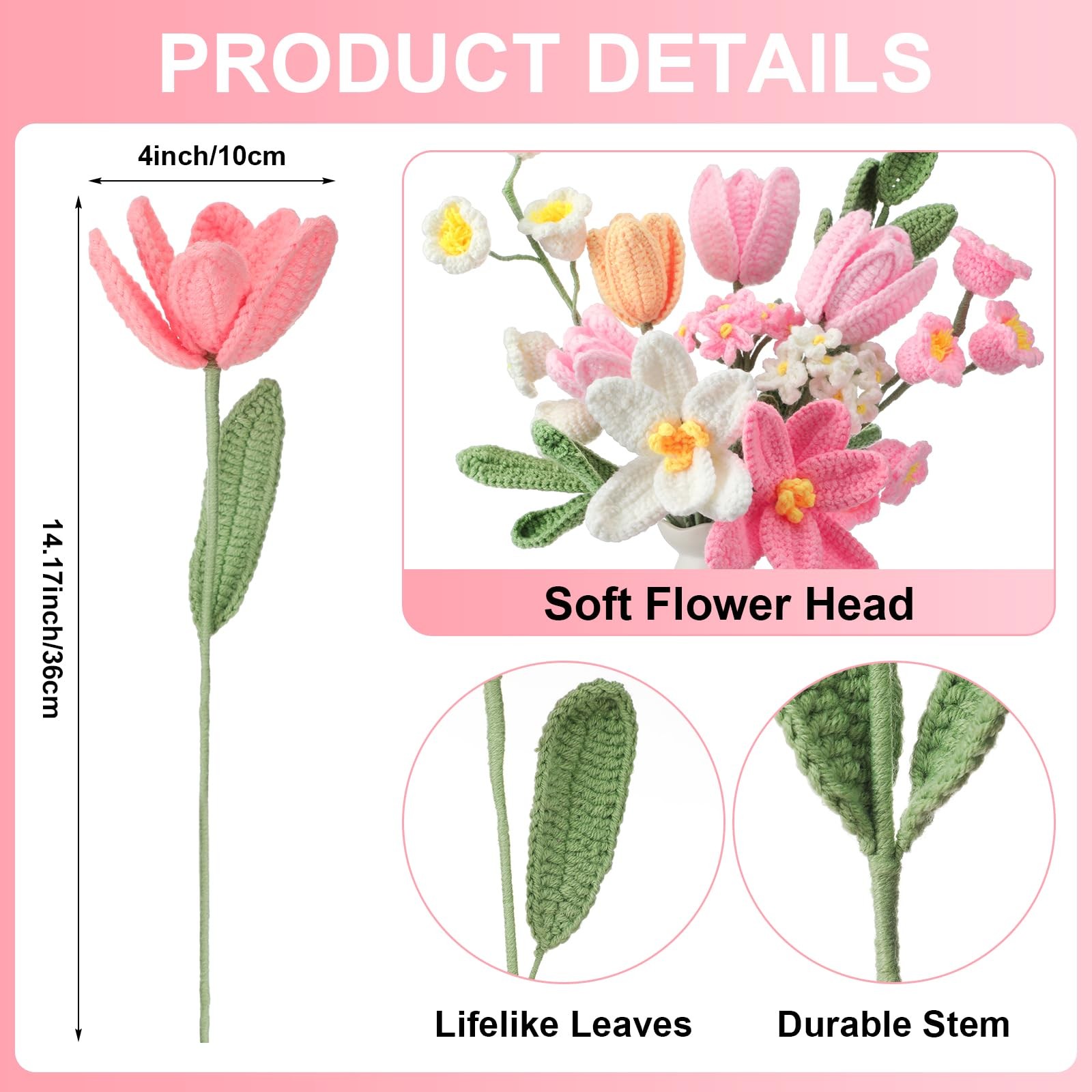 11 Pcs Crochet Flower Bouquet Handmade Knitted Tulip Bouquet Artificial Flowe…