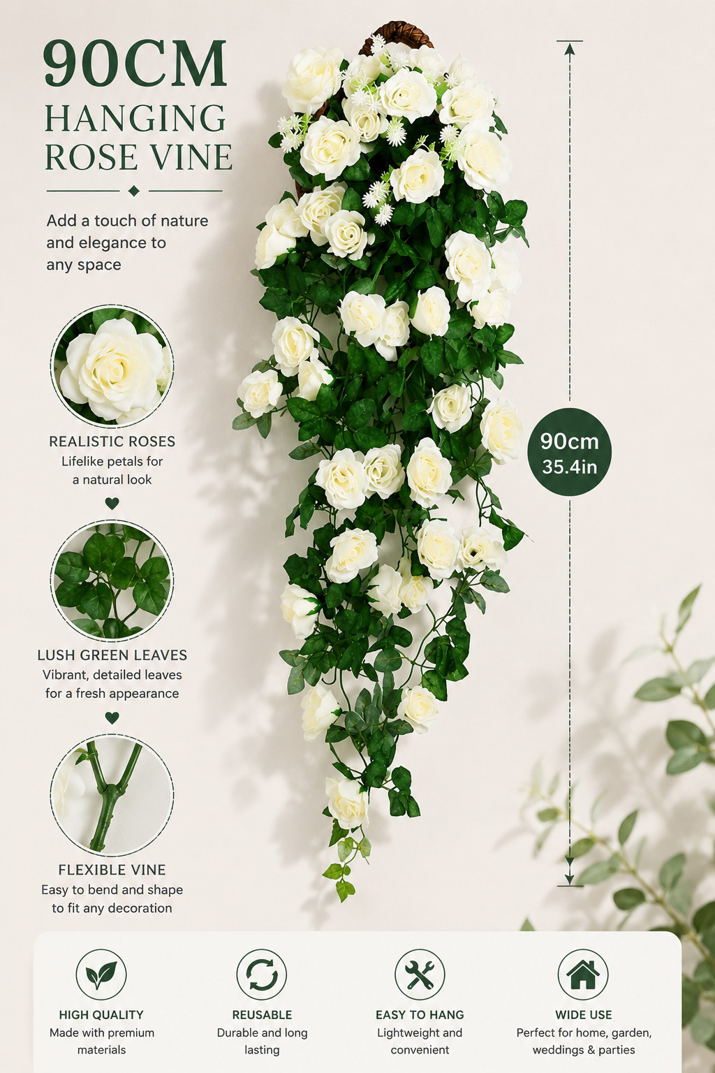 90cm White Artificial Rose Hanging Vine Fake Flower Garland Home Garden Decor