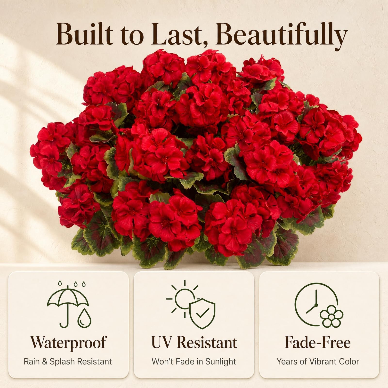 8 Bundles Artificial Geraniums for Outdoors – Red Silk Fake Flowers – UV Resi…