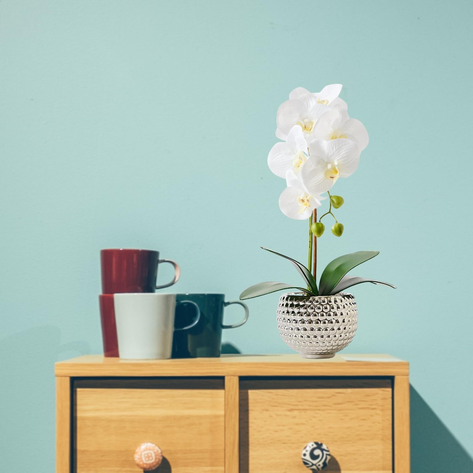 Artificial Orchids Flowers in Silver Pot Large Fake Plant Vase Home Decor