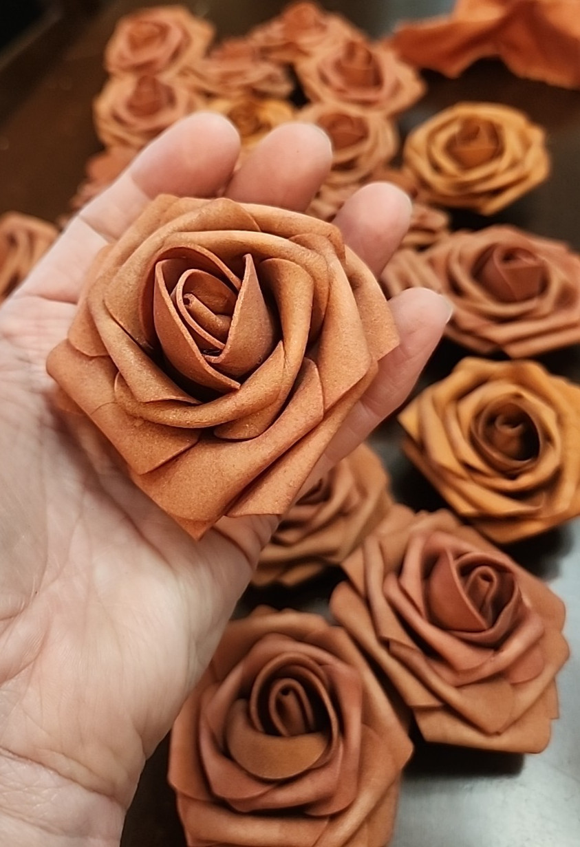 21 Foam Flower Blossom Heads Roses Terracotta Sunset & Burnt Orange Stemless