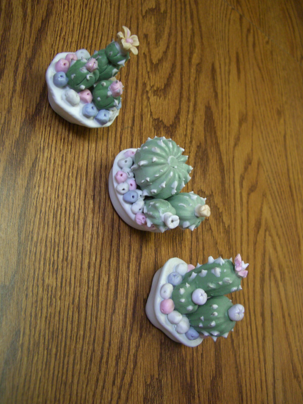 3 Cactus Plants//Small Multi-color Pastel Ceramic Floral Figurines