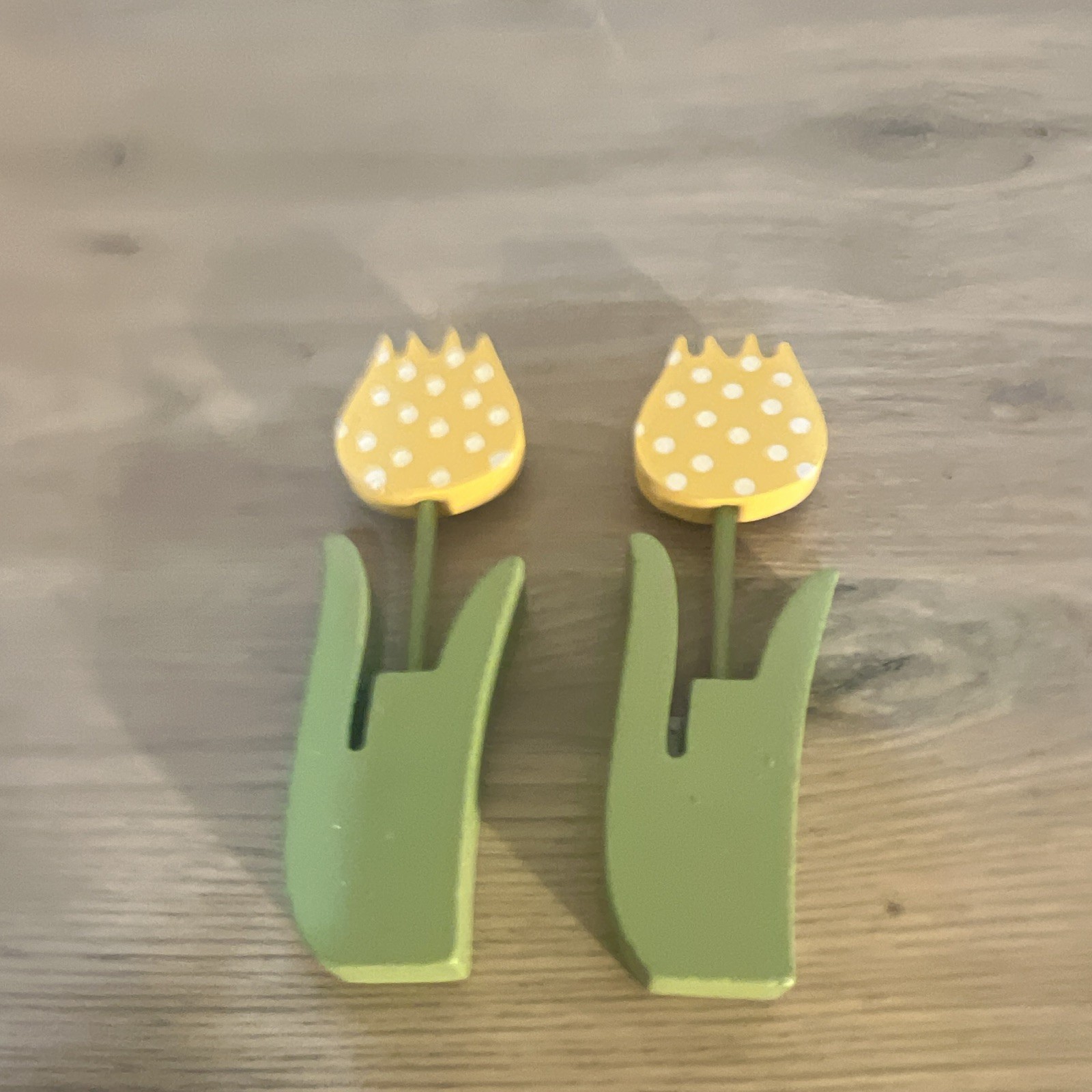 Wooden Tulip Flower Stem Table Decor, Artificial, Yellow Green White, 2pc