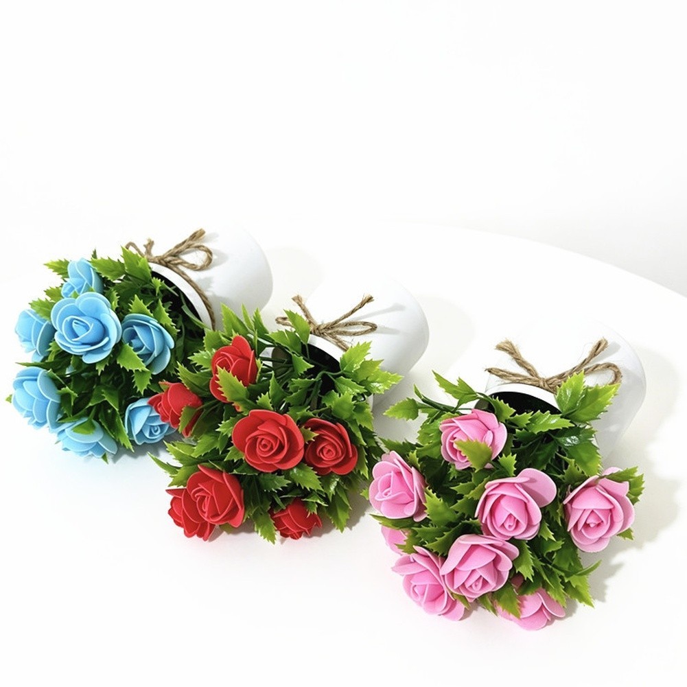 7.5 inch Artificial Rose Arrangement in Rustic White Pot with Twine for accent