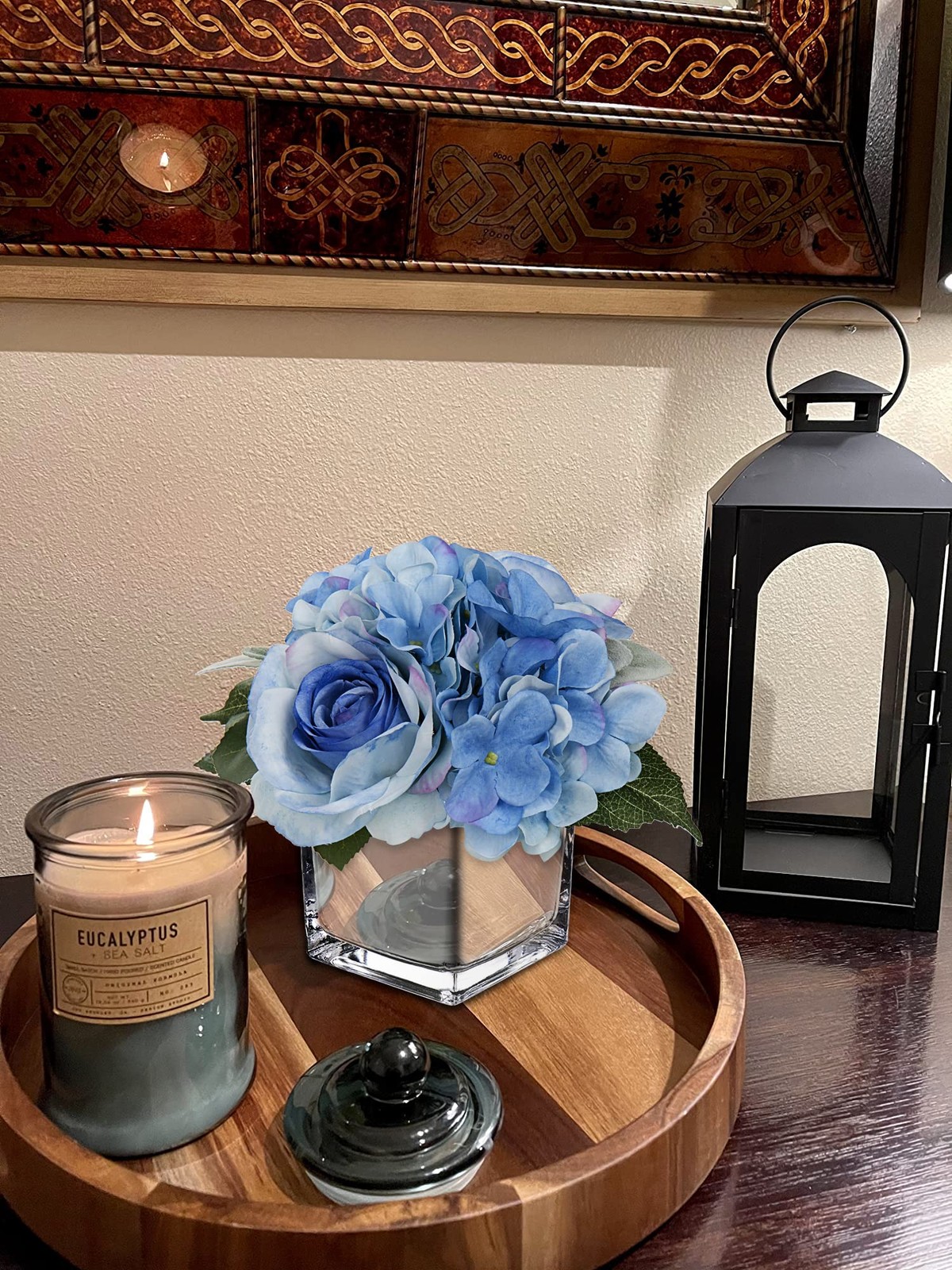 Artificial Flowers in Vase Fake Silk Hydrangea Rose Flower Arrangement Faux P…