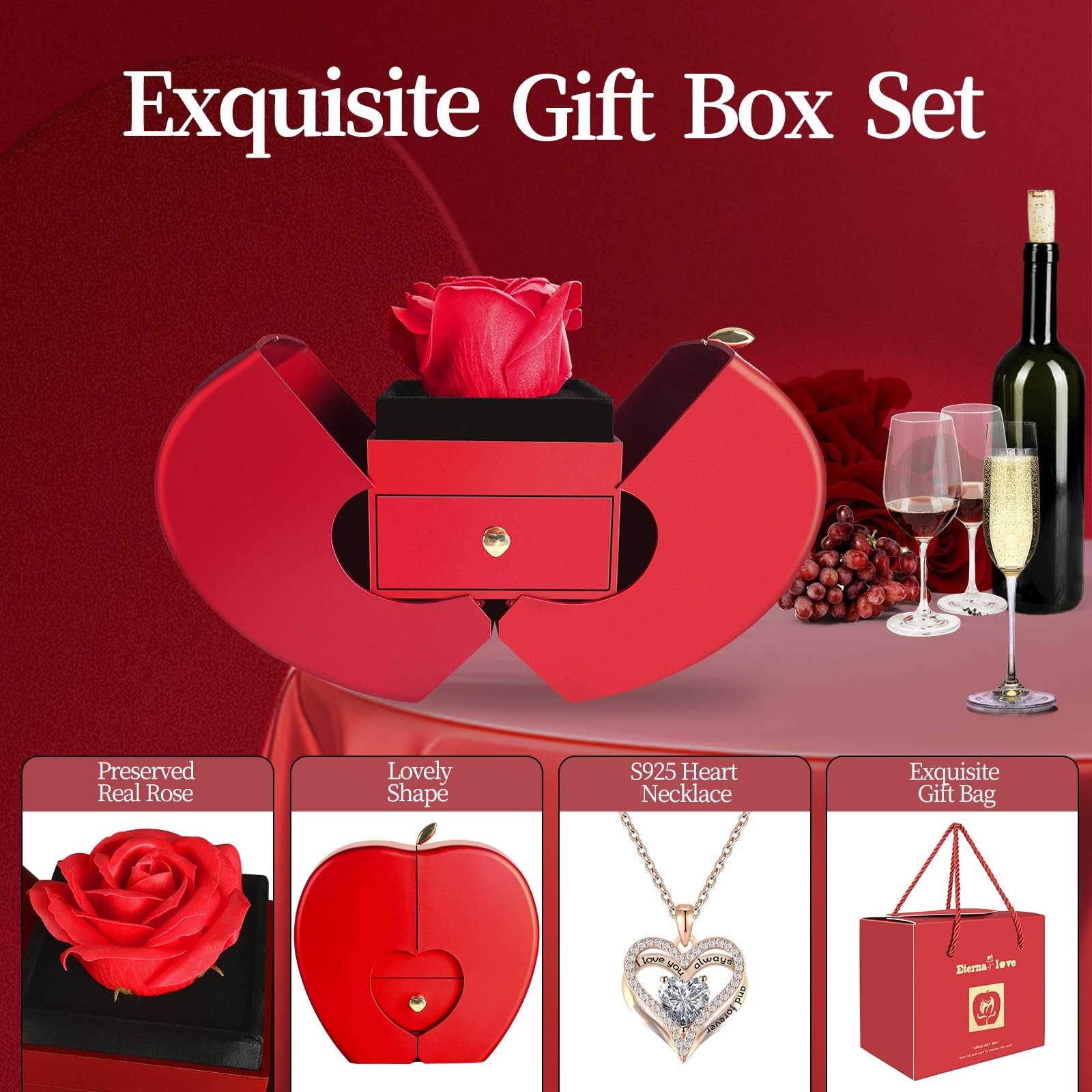 Preserved Flower Red Rose with Heart Necklace, Gifts for Mom, Girlfriend, Women,