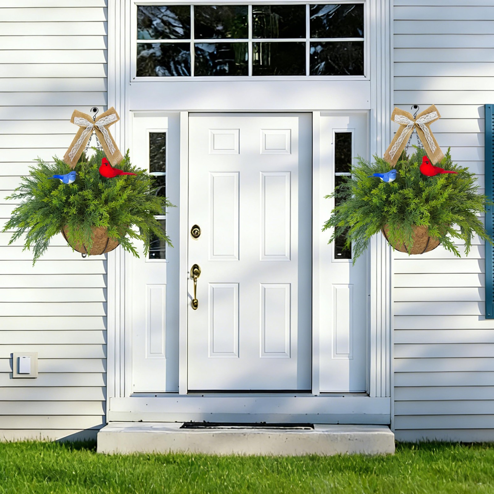 Artificial Hanging Plant Flower Baskets Set of 2, Faux Ferns with Birds and L…