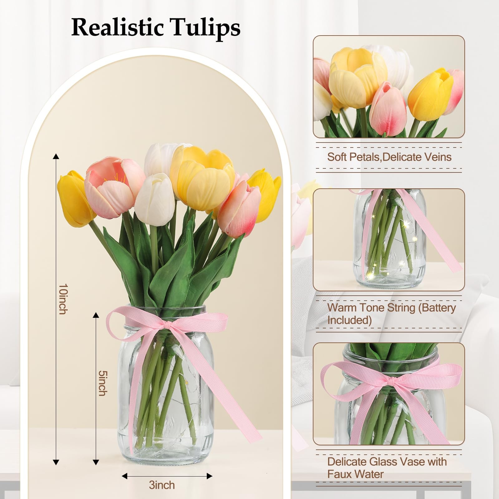 Artificial Tulips Flowers in Glass Vase with Faux Water, Real Touch Fake Tuli…