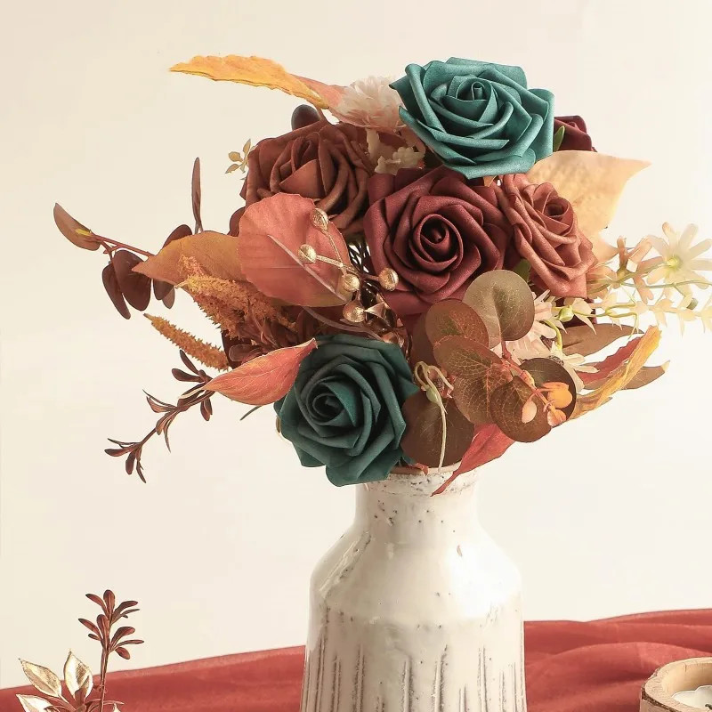 25Pcs Dark Teal Foam Roses with Stems Artificial Flowers for DIY Wedding Decor