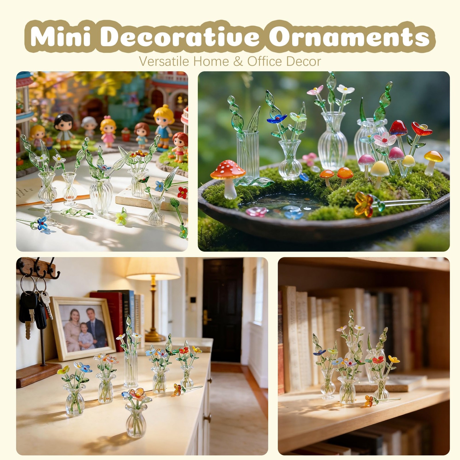 7 Pcs Blown Glass Flower Bouquet with Vase Mini Crystal Artificial Flowers fo…