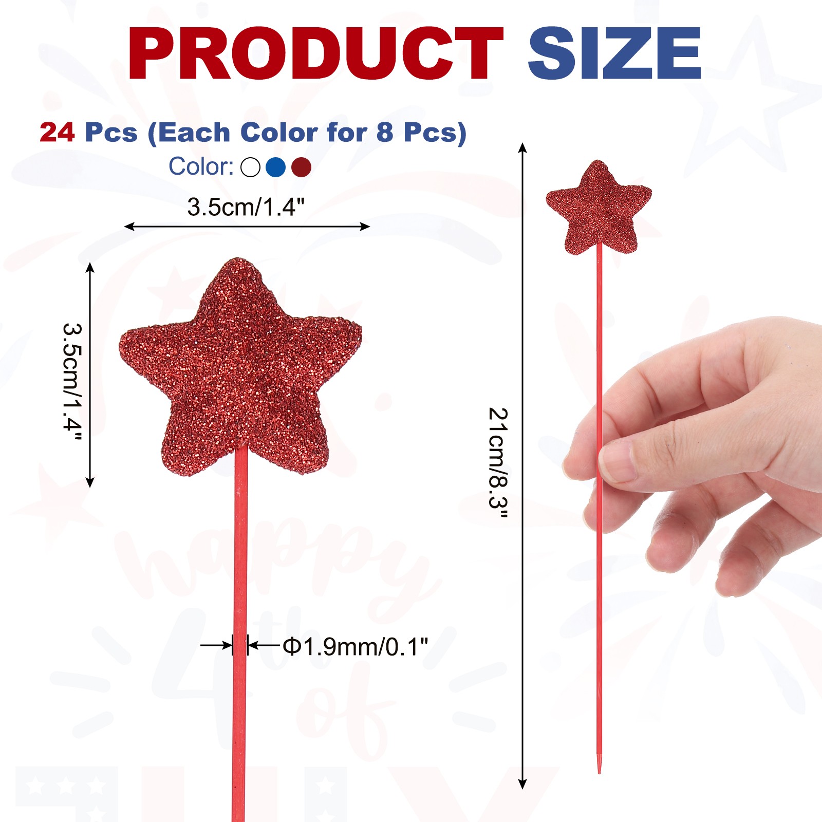 24 Pcs 4th of July Glitter Star Picks 8″ Sparkly Sticks (Red/Navy Blue/White)