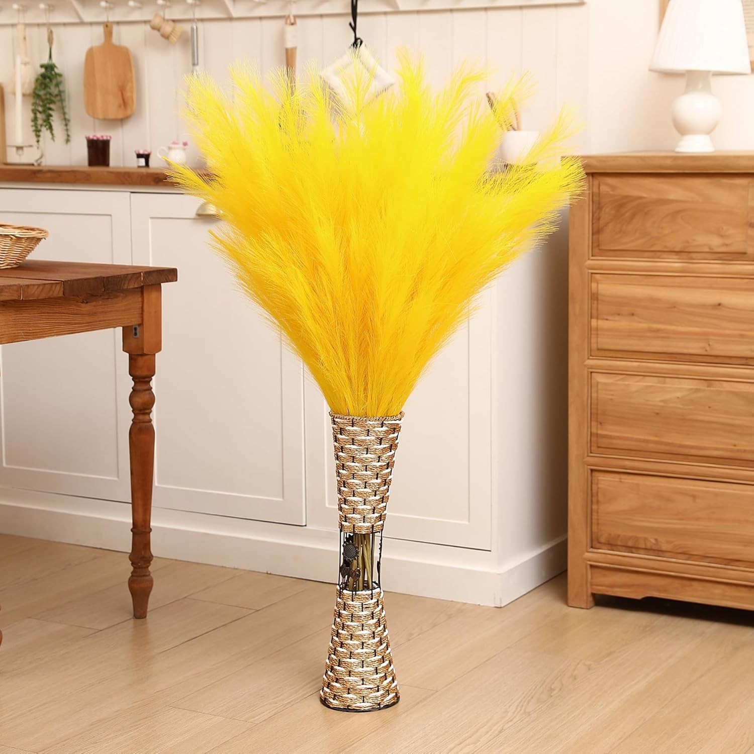8 PCS 45 Inch Tall Yellow Large Faux Pampas Grass Artificial Flowers Vase