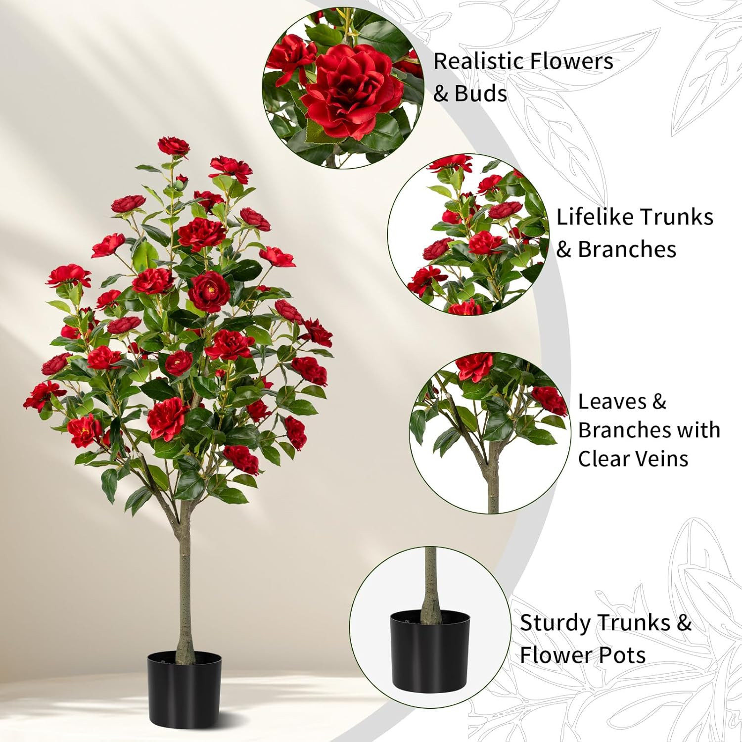 4FT Artificial Camellia Tree Set – Faux Floral Plants in Cement Pots