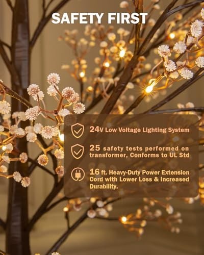 5ft Lighted Baby’s Breath Tree, 128 Dimmable Warm White LED Lights, Indoor/Outdo
