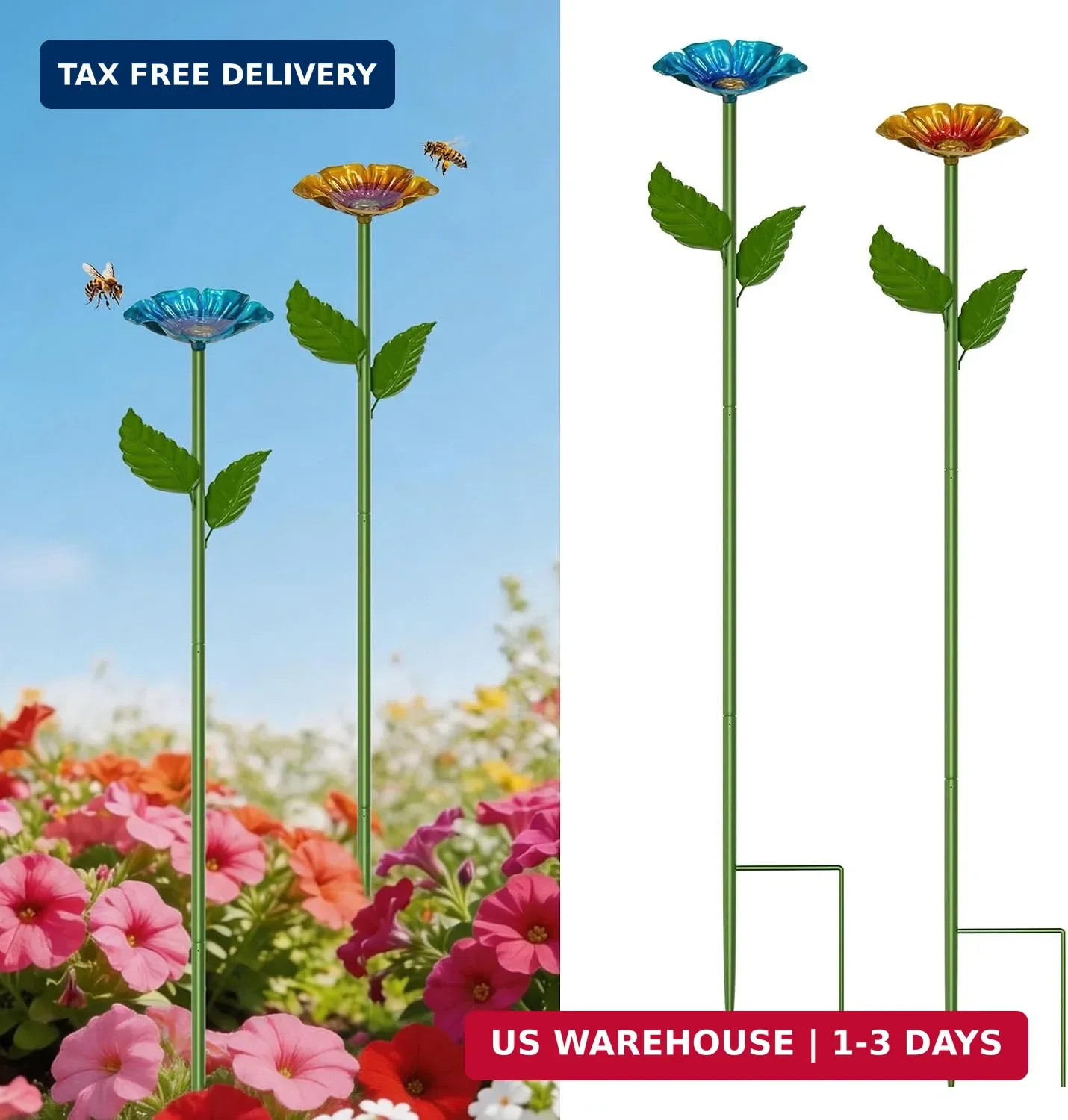 Bee Watering Station for Garden, 2 Pack Metal Bee Bath Bowl Colorful Butterfly F