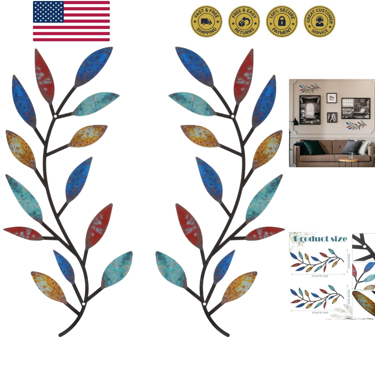 2 Pieces Metal Tree Leaf Wall Decor Vine Olive Branch Leaf Wall Art Living Ro…