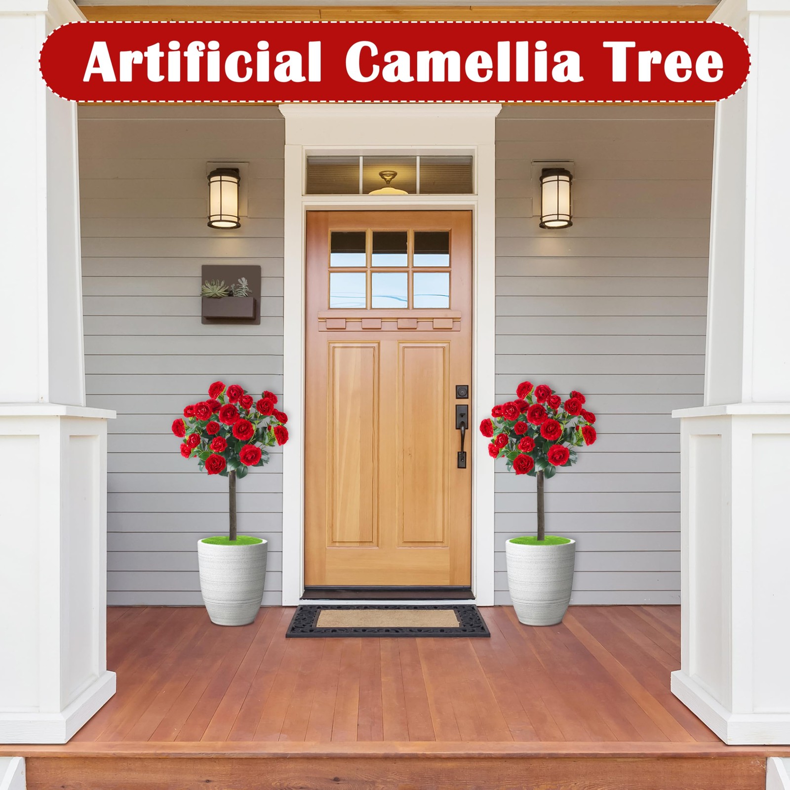 Sunnyglade 35.5″ Set of 2 Artificial Camellia Tree, Faux Red Camellia Flowers…