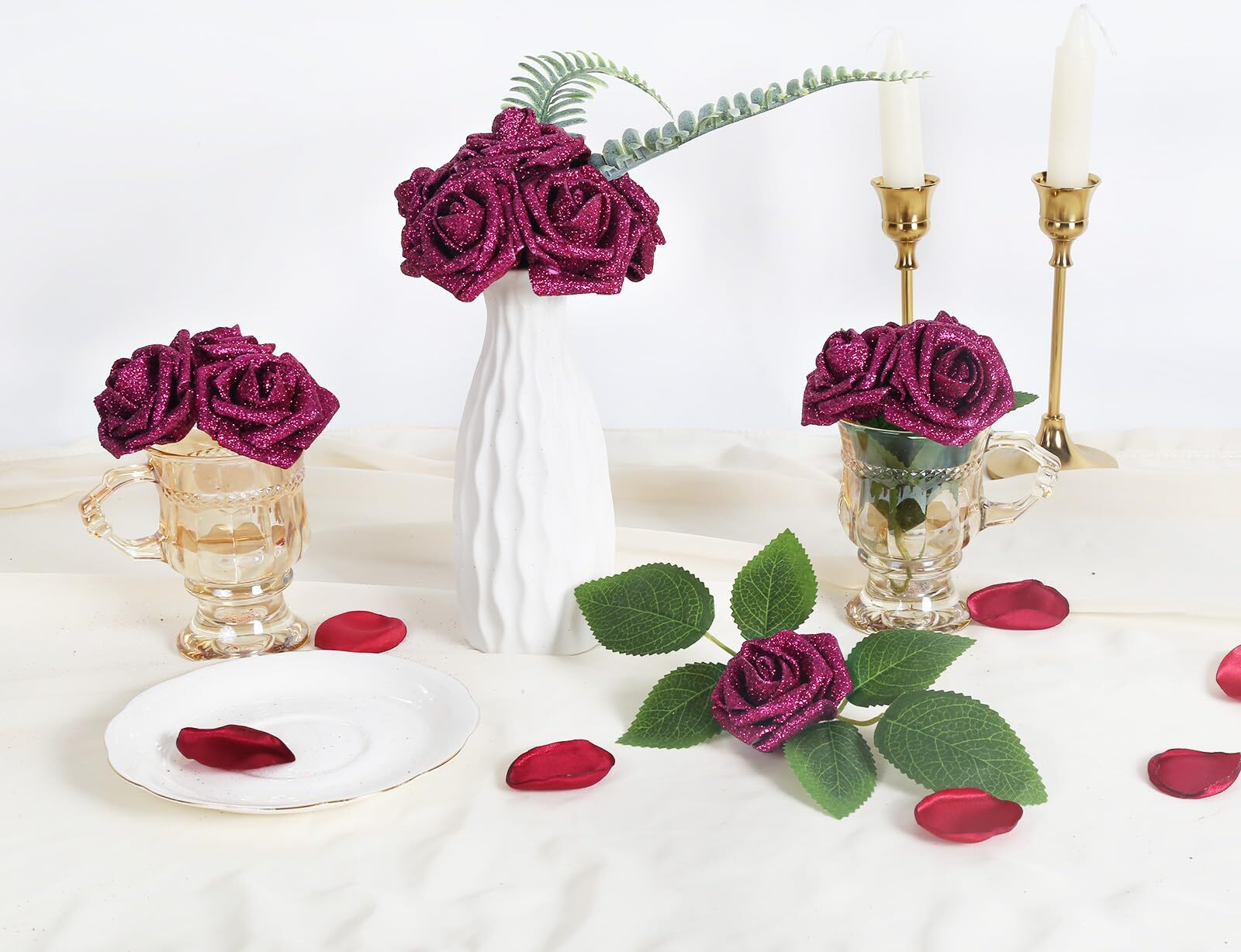 25-Piece Glitter Roses Deep Pink Foam with Stems for Wedding Party Decor
