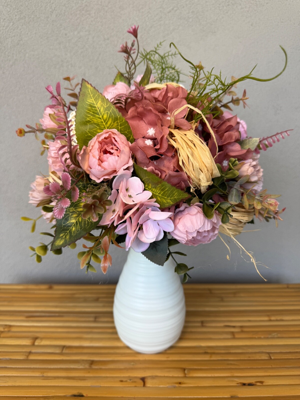 Soft pink flower arrangement in a vase , width 12’, height 14’, home decor