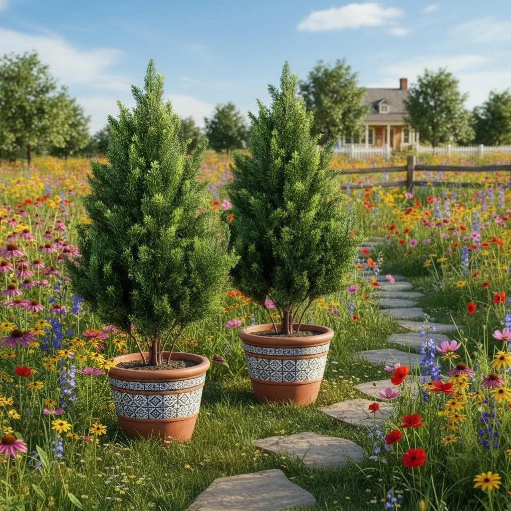 Set of 2 Artificial Cedar Topiary Trees, 27.6” Outdoor Faux Plants Pine Shrubs