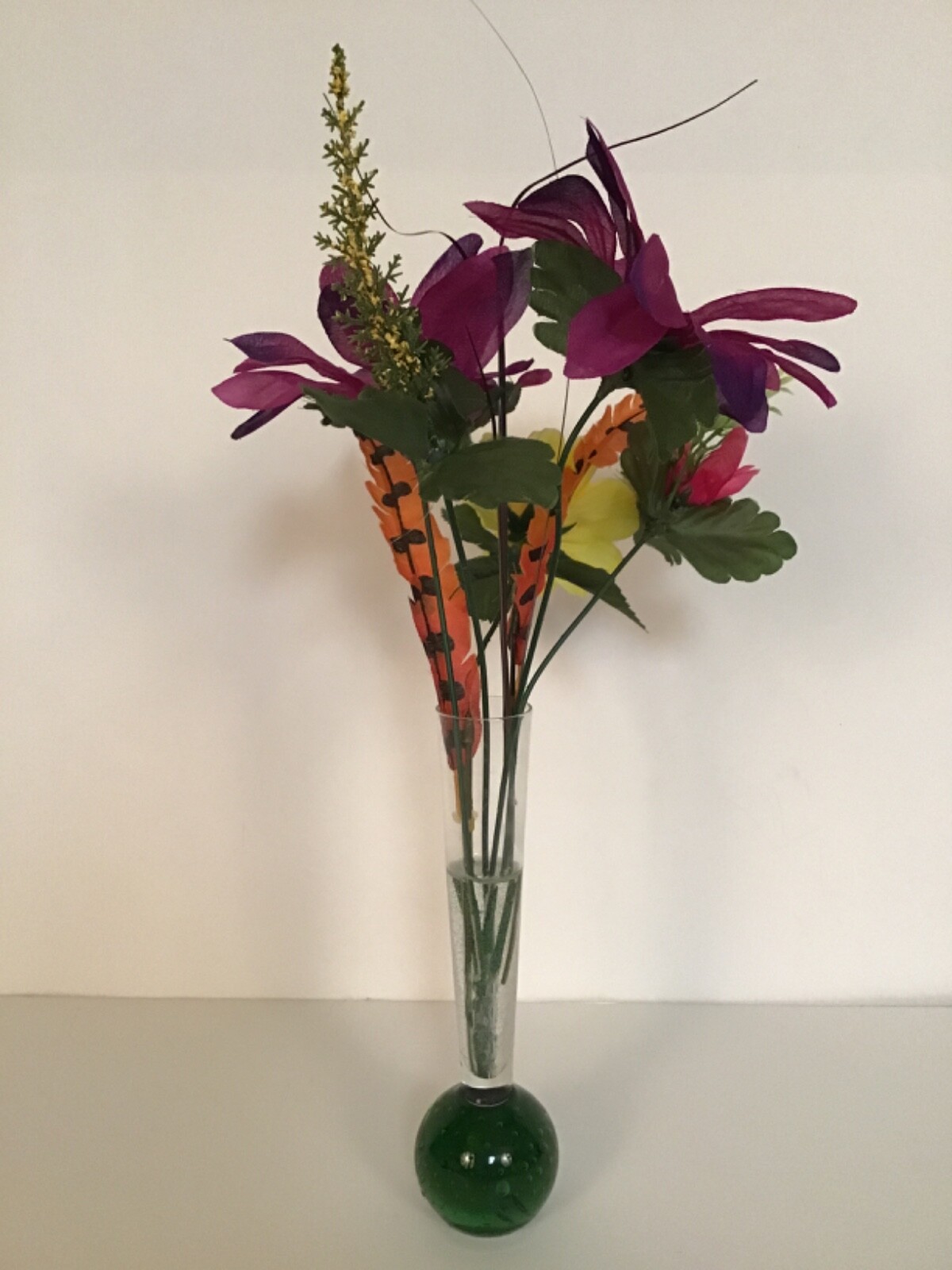 Vintage Green Solid Ball Vase Purple Yellow Flower Arrangement in Faux Water