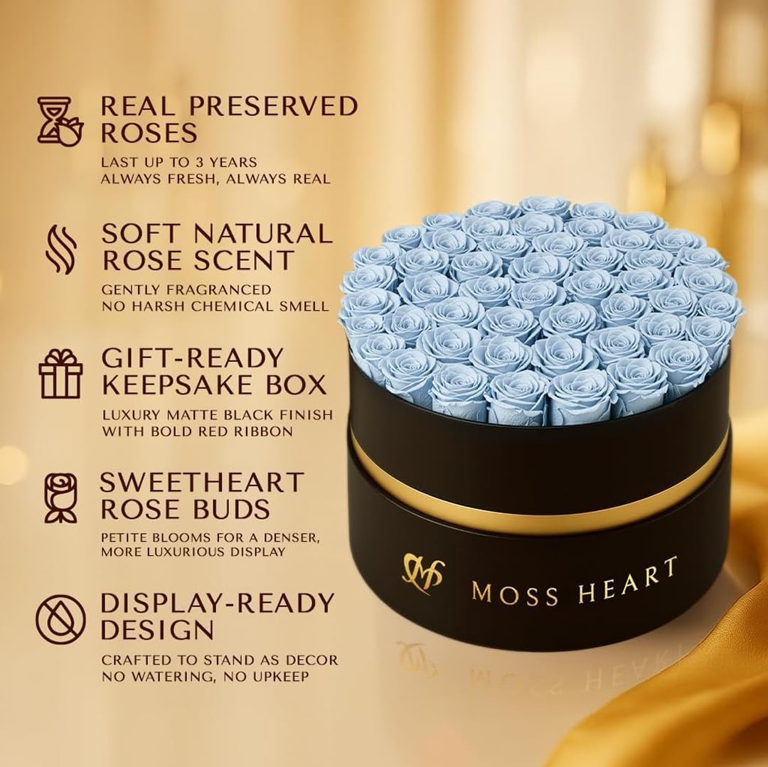 50 Petite Preserved Roses, Designer Round Box, Real Forever Roses Last 1+ Yea…