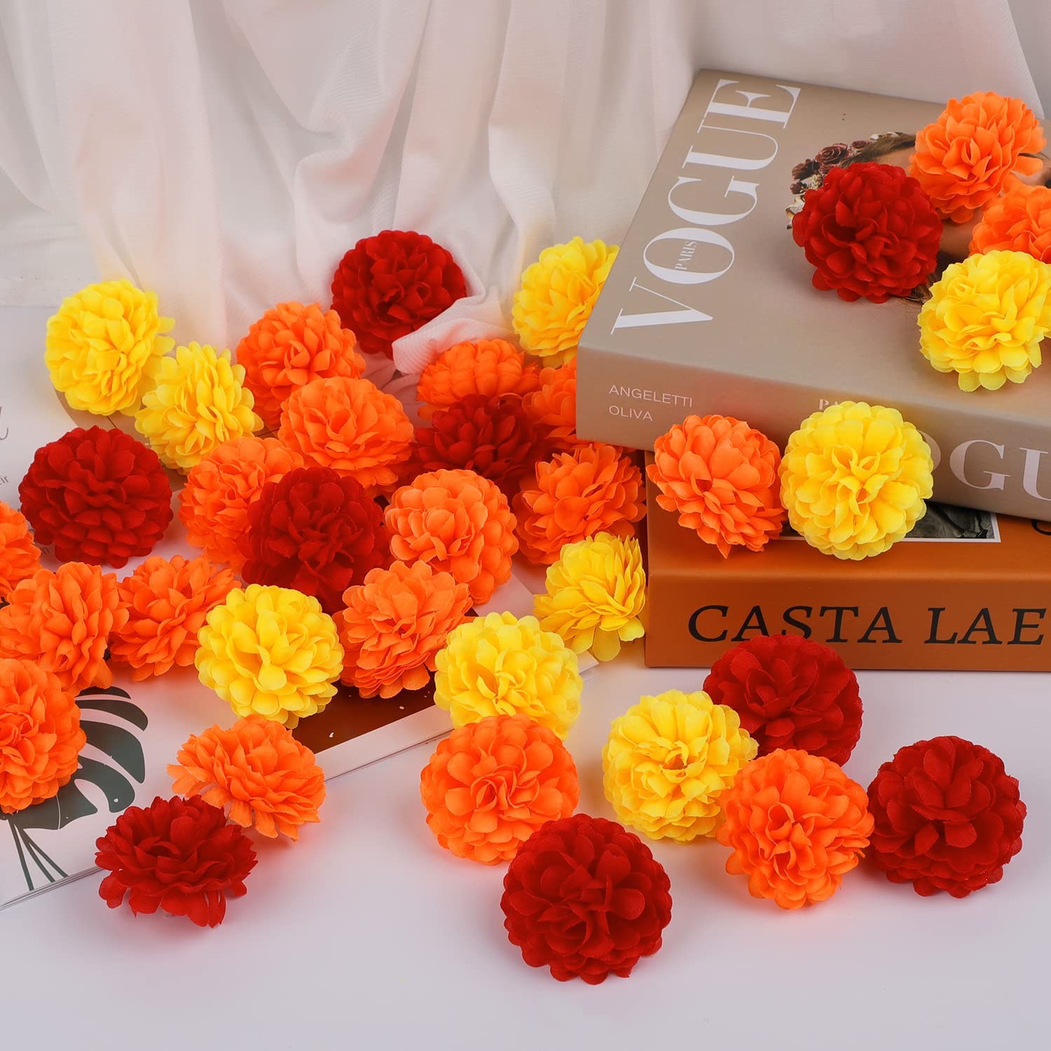 Marigold Flowers Heads Bulk, 40Pcs Silk Marigold Flowers Artificial for Decor…