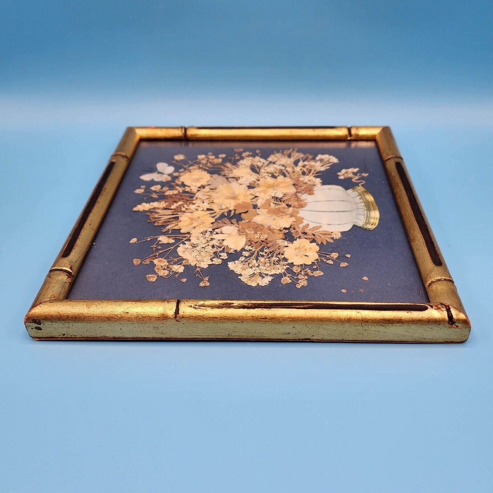 Garden Flowers of Summertime Pressed Flower Botanical Art Faux Bamboo Frame v2