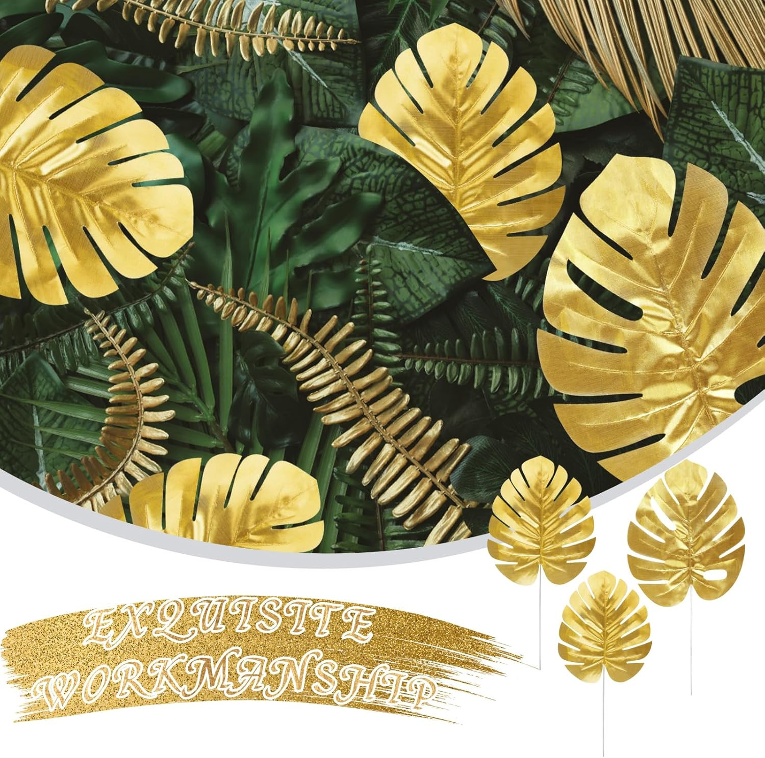24PCS Golden Artificial Palm Leaves, 3 Sizes Faux Monstera Leaves Simulation Saf