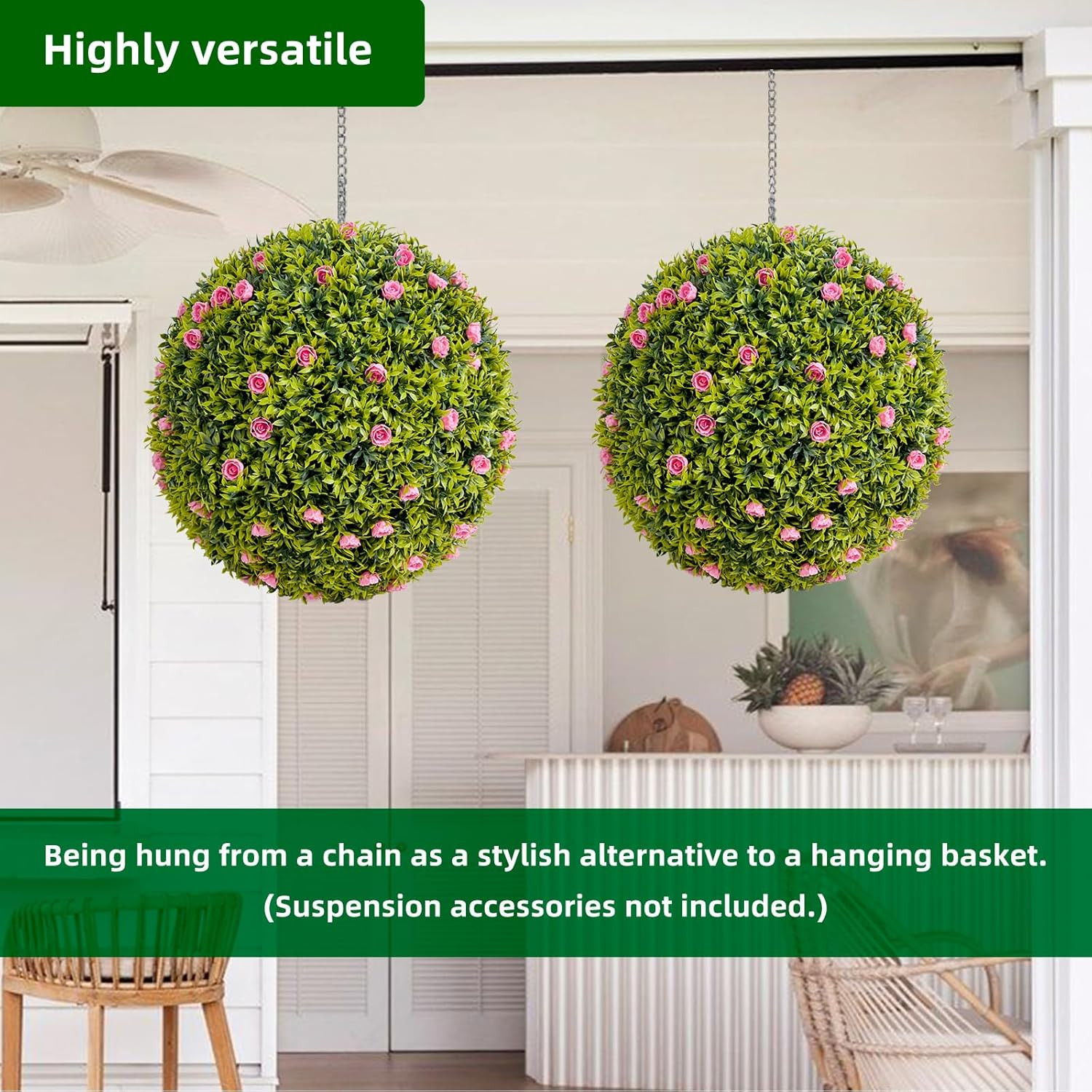 22.4″ Faux Boxwood Topiary Balls with Pink Flowers – 2 Pack for Home & Garden