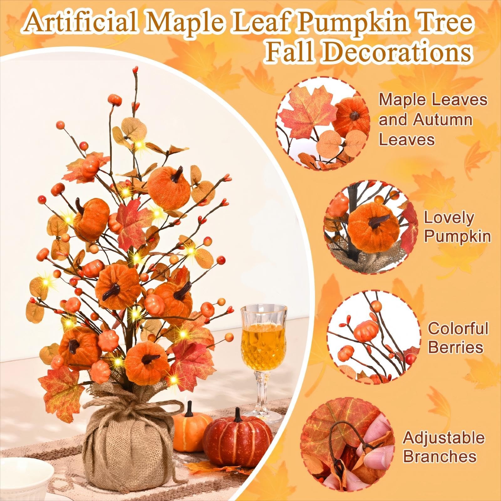 1 PC 18-Inch Artificial Pumpkin Maple Leaf Tree with Lights Fall Table Decor