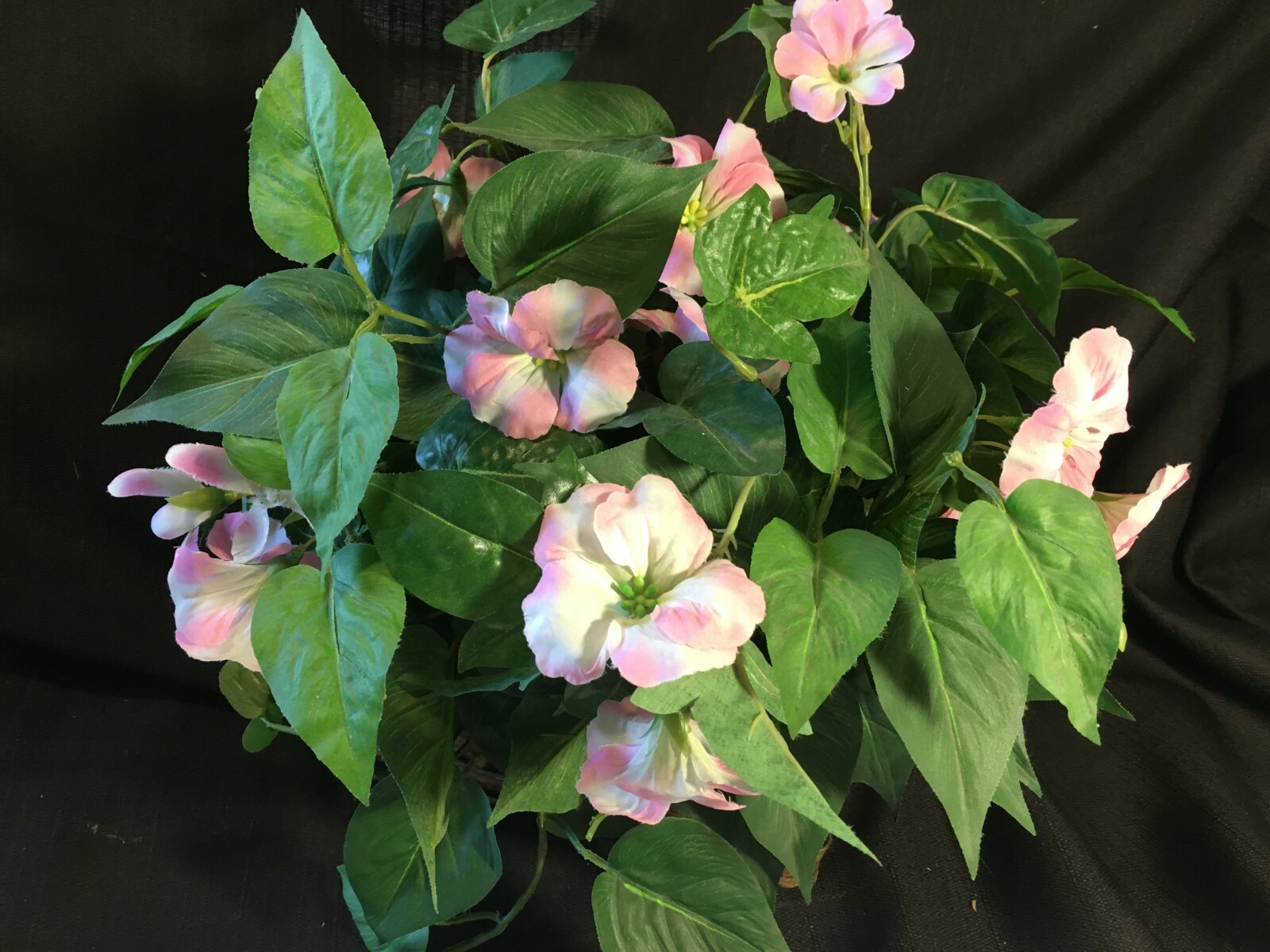 Faux Silk Pink Petunia Greenery In Brown Wicker Basket
