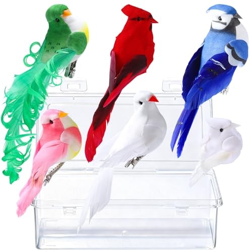 6pcs Realistic Artificial Birds with Real Feathers, Clip-on Christmas Tree
