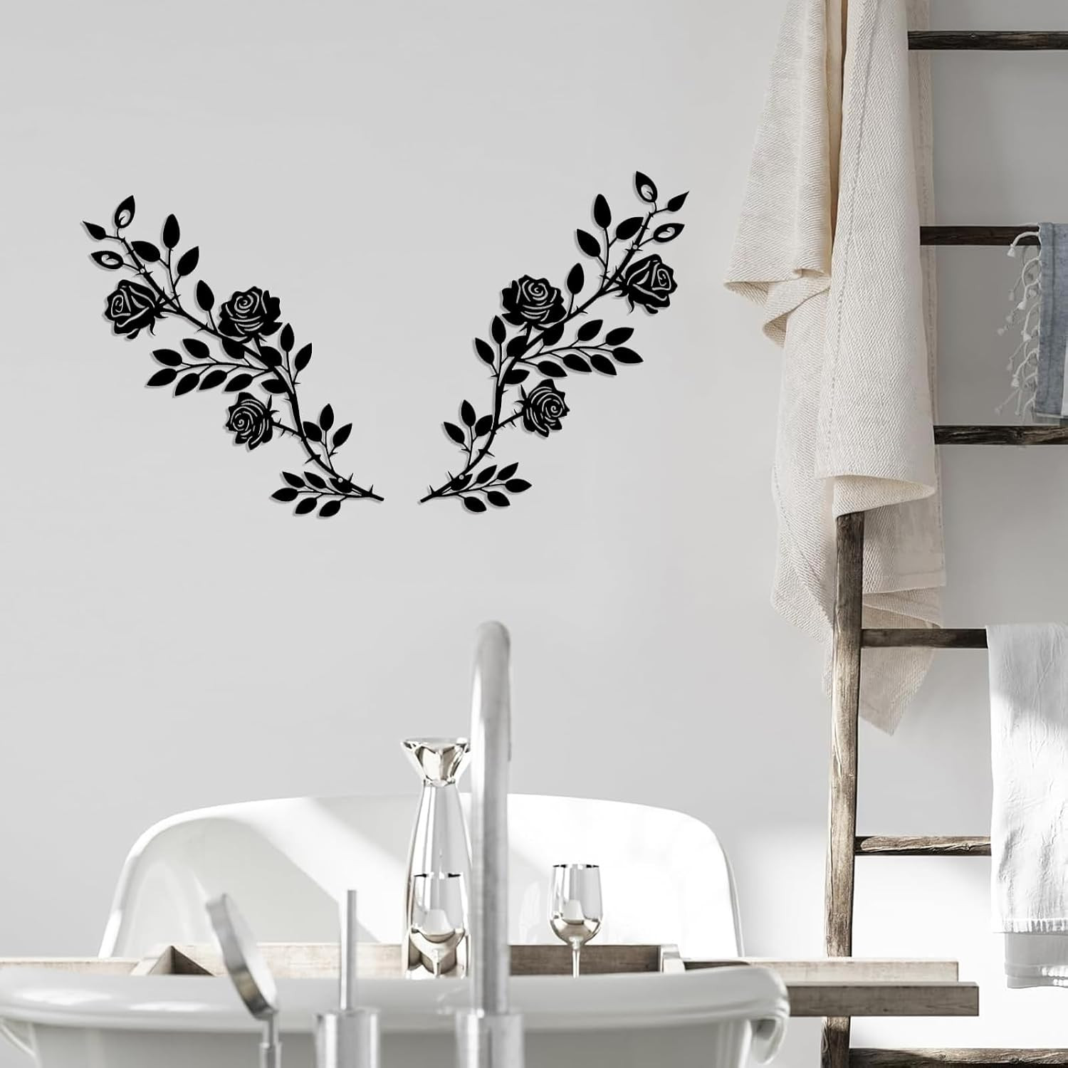 2Pcs Metal Rose Floral Wall Decor Art , Rustic Wrought Iron Plant
