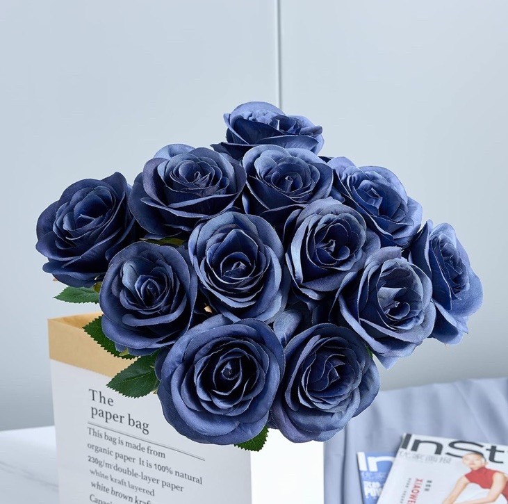 24 pcs Blue Roses Artificial Flowers Fake Navy Blue Silk Roses Navy Faux Silk Ro